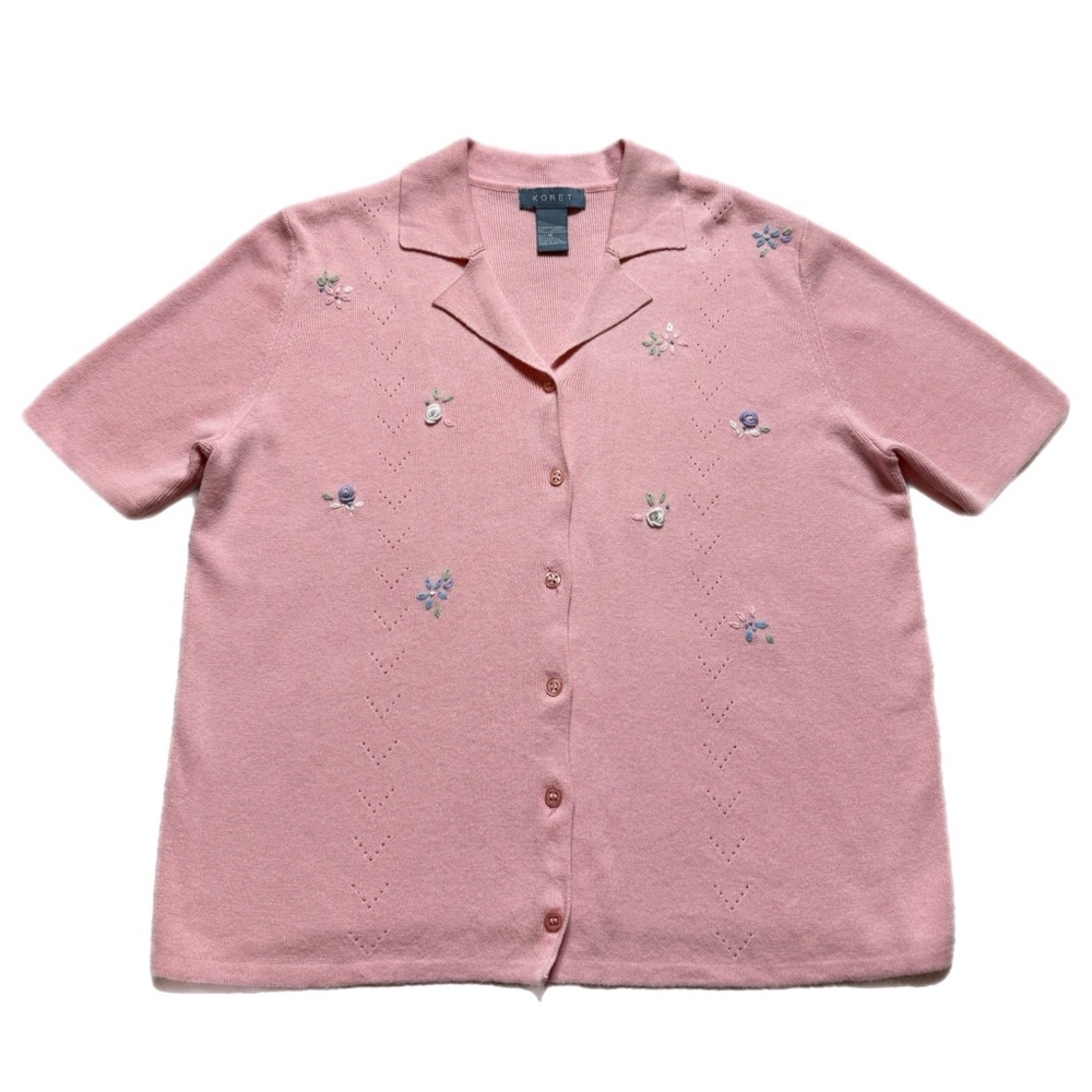 VTG 90s Pastel Pink Camp Collar Dainty Floral Embroidery Cardigan L